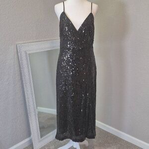 NWT Ramy Brook Leanne Sequin Midi Dress Black Size 8